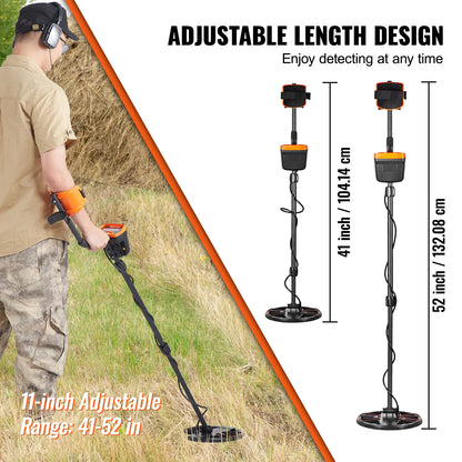 VEVOR Metal Detector for Adults & Kids 10Inch Waterproof Search Coil with LCD Display 7 Modes Adjustable 41''-52'' Aluminum Stem [MTL]