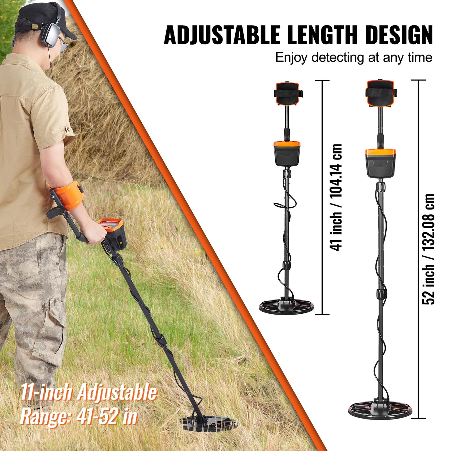 VEVOR Metal Detector for Adults & Kids 10Inch Waterproof Search Coil with LCD Display 7 Modes Adjustable 41''-52'' Aluminum Stem [MTL]