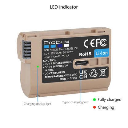 Probty 2850mAh EN-EL15C EN-EL15 Battery Battery with Type-C input port for Nikon Z5,Z8,Z6 II,Z7,Z7II D600 D610 D600E D800 D810 [BAT]