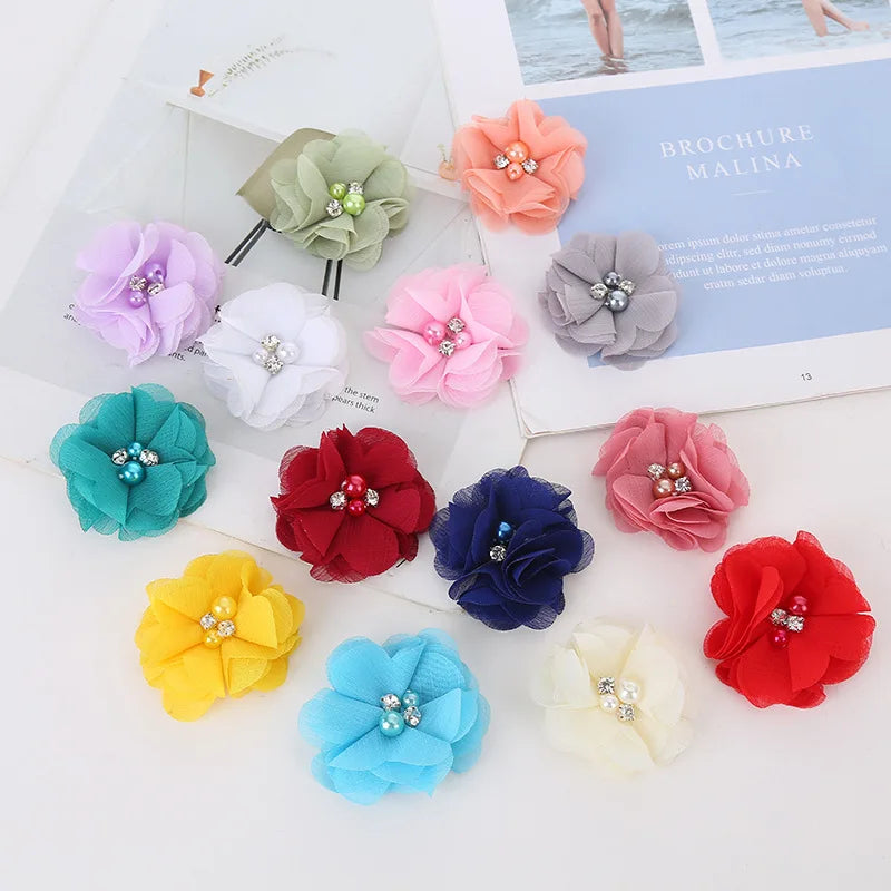 10PCS Pearl Rhinestone Chiffon flowers Hair Accessories DIY Flower Bouquet Flowers Decorations No Hair clips for headband [FLW]