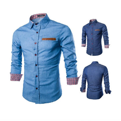 Men Denim Shirts Long Sleeve Men Dress Shirt Fashion Slim Fit Style Navy Blue Jeans Male Shirt Longsleeve Shirt For Men [MEN]