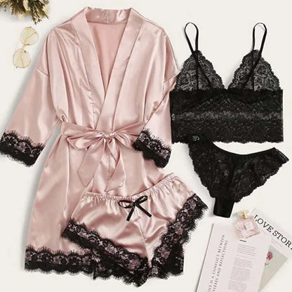 4 Pieces Woman Sleepwear Pajamas Ser With Robe Sexy Lace Lingerie Bathrobe Silk Satin Home Clothed Nightwear Robe [UND]