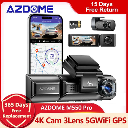 Upgrade AZDOME Car DVR M550 Pro Dash Cam 4K 5.8Ghz WiFi 2 or 3 Cameras Front/Cabin/Rear Cam GPS Night Vision Parking Monitor [CAR]