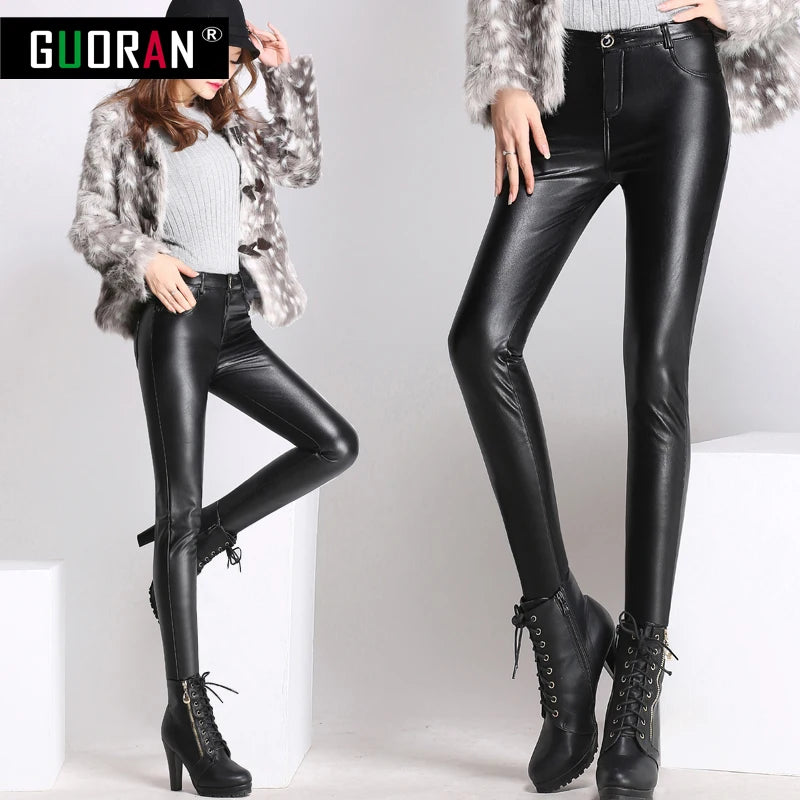 Causal women leather pants high waist skinny warm thicken patchwork office pencil pants female trousers leggings clothe 4XL [WOM]