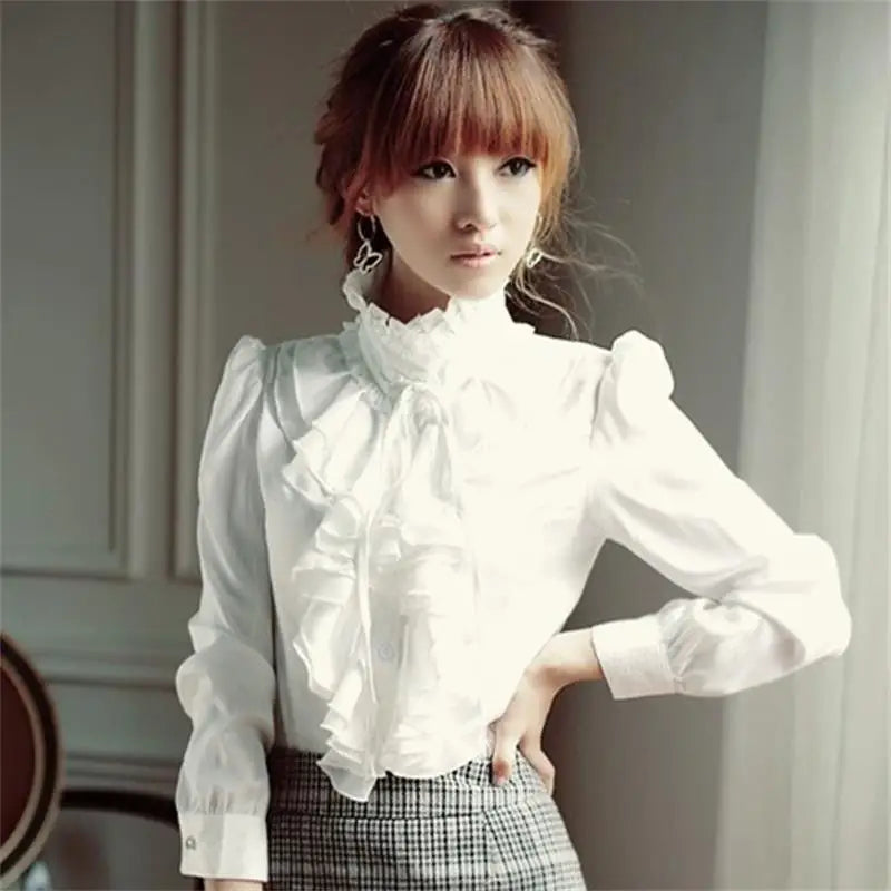 Oversize 5XL Women Lolita Shirt Long Sleeve Stand Collar Chiffon Blouses With Ruffles Ladies Bow Shirt Royal Style Gothic Shirt [LOL]