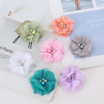 10PCS Pearl Rhinestone Chiffon flowers Hair Accessories DIY Flower Bouquet Flowers Decorations No Hair clips for headband [FLW]