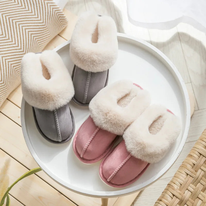 2023 Winter Warm Home Fur Slippers Women Luxury Faux Suede Plush Couple Cotton Shoes Indoor Bedroom Flat Heels Fluffy Slippers [SHO]