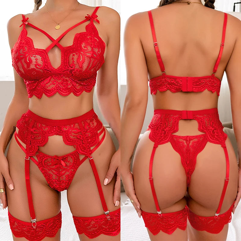 Sexy Erotic Lingerie Women Bra And Panty Garters 3pcs See Through Lingerie Sets Sexy Women's Underwear Set Female Sexy Costumes [UND]