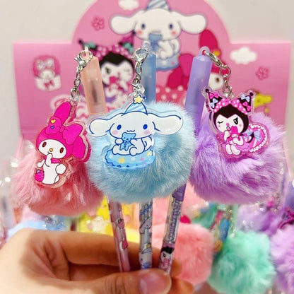 Sanrio Gel Pen Kuromi Melody Cartoon Plush Pendant 12/24pcs Kawaii Students Stationery 24pcs Cute School Signature Pen Wholesale [STA]