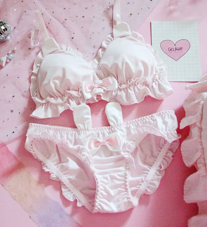 Japanese Lolita Kawaii Bow Ruffle White Underwear Set Sexy Female Cute Rabbit Ears Lingerie Women's Bra & Panties Set Bras [LOL]