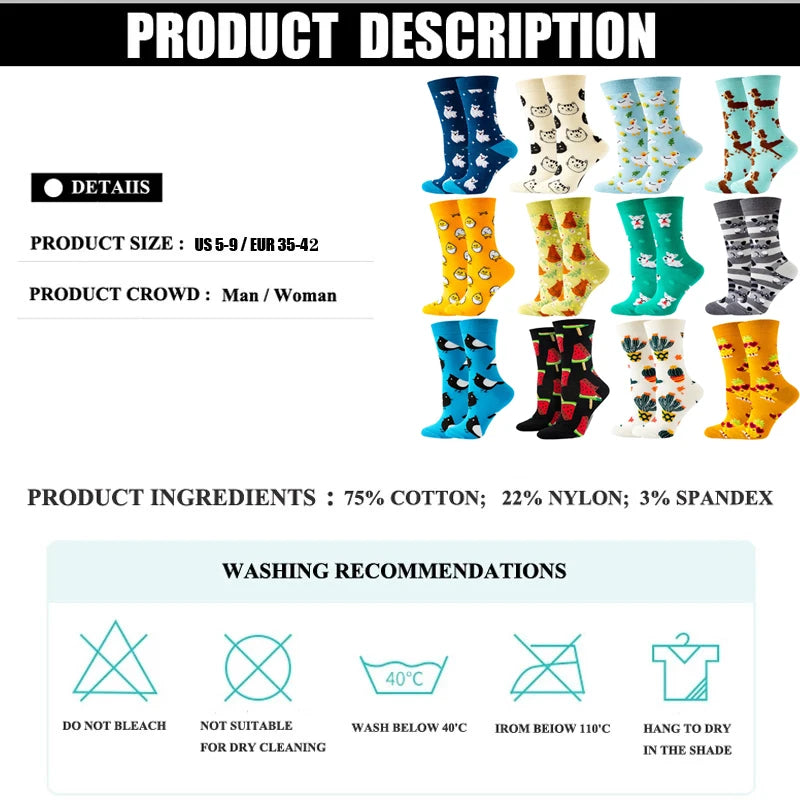 Cute Women Socks Cartoon Animal Food Fruit Socks  Kawaii Funny  Trendy Socks Happy Harajuku Casual Socks Autumn Spring Stocking [SOX]