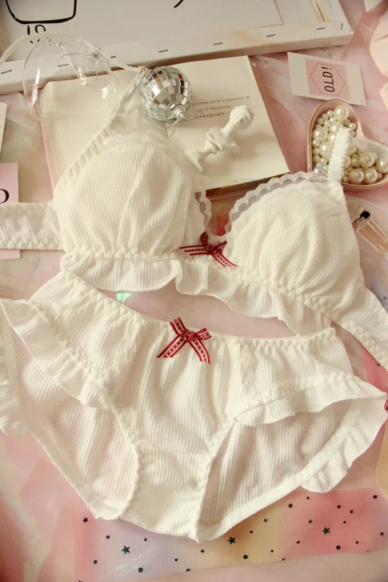 Japanese Chiffon Cute Bra & Panties Set Ruffles Wirefree Soft Underwear Sleep Intimates Set Kawaii Lolita Women Underwear Set [LOL]