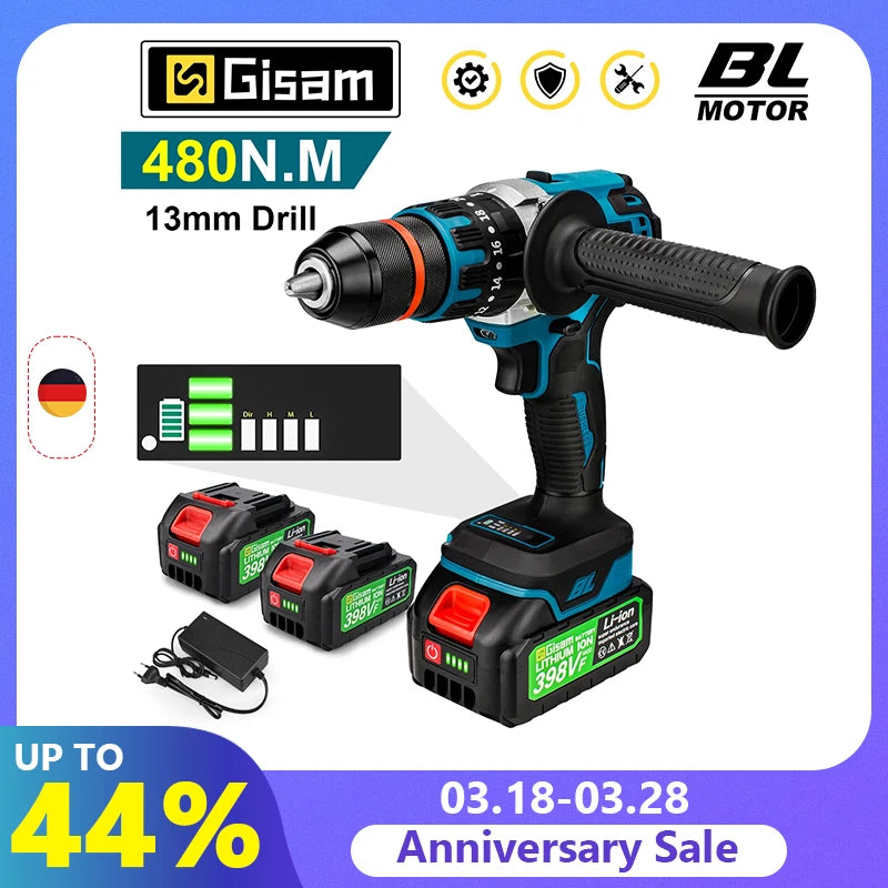 18V 13mm 480N.M Brushless Electric Impact Drill Cordless Drill Electric Screwdriver DIY Driver Power Tool for Makita 18V Battery [PTO]