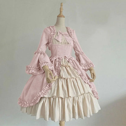 Wepbel Vintage Gothic Court Dress Bow Lolita Dresses Medieval Square Collar Waist Hugging Stitching Ruffle Cute Puffy Dress [LOL]