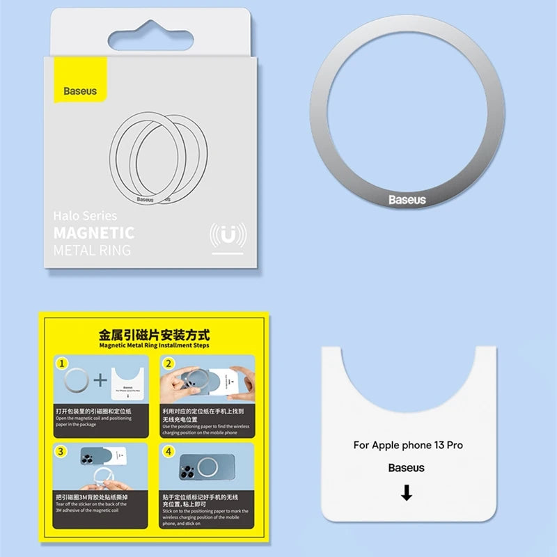 Baseus 2PCS Magnetic Metal Ring for iPhone 15 14 13 12 11 Pro Max Plus MagSafe Magnet for Samsung Xiaomi Wireless Charging Plate [PHH]