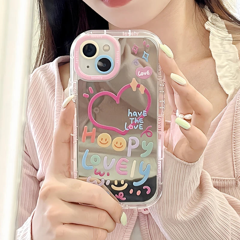 Lovely Girl Heart Mirror Phone Case For iPhone 11 12 13 14 15 Pro Max Shockproof Back Cover [PHC]