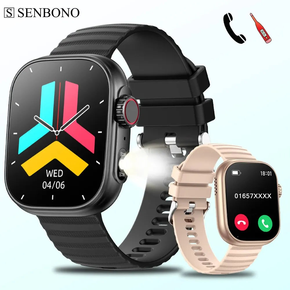 SENBONO Smart Watch Men Women LED Flashlight 100+ Sport Modes Fitness Tracker Body Temperature 2.01” Screen Smartwatch Men Wome [SWH]