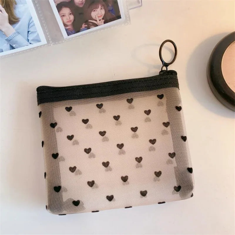 Mesh Cosmetic Makeup Bags Case Holder Cute Transparent Zipper Black Heart Printed Pencil Pen Case Pouch Convenient To Carry [CSM]