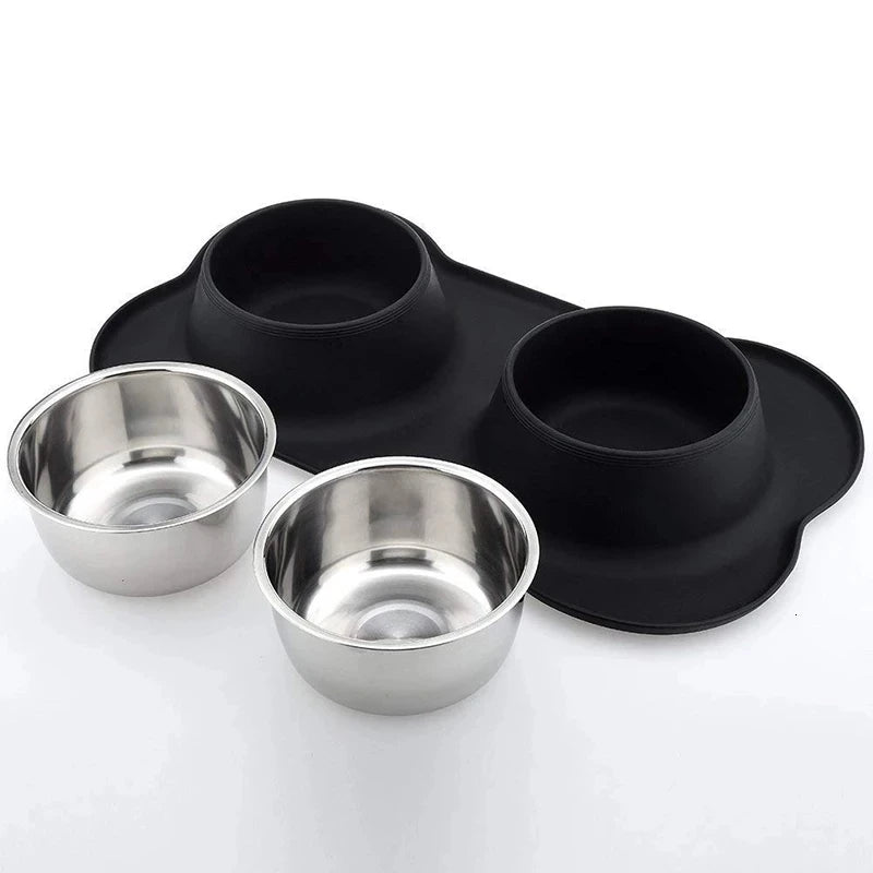 Antislip Double Dog Bowl With Silicone Mat Durable Stainless Steel Water Food Feeder Pet Feeding Drinking Bowls for Dogs Cats [PET]