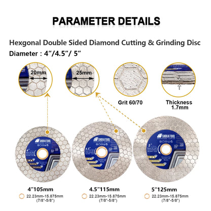 SHDIATOOL 1pc 105/115/125mm Diamond Cutting Grinding Disc Double Side Hex Granite Ceramic Marble Angle Grinder Cut Tile Plate [TPT]