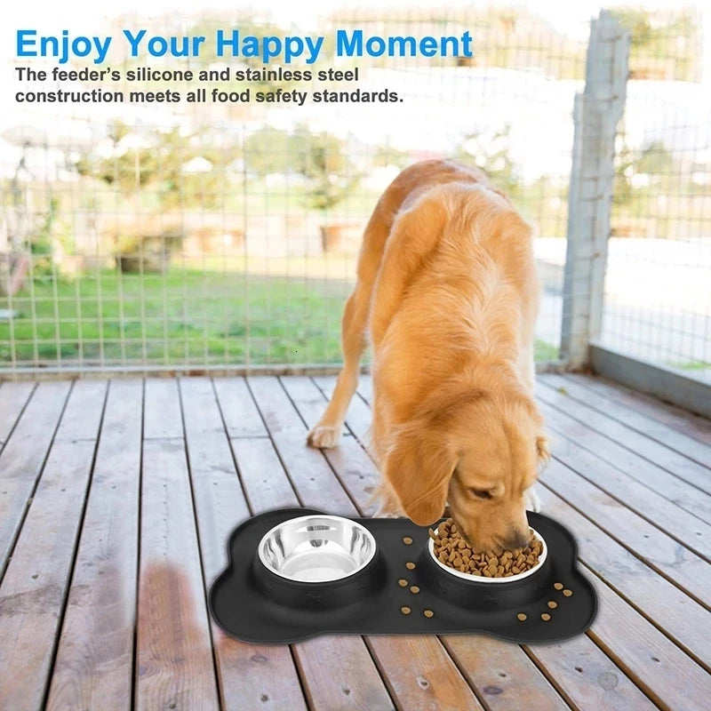 Antislip Double Dog Bowl With Silicone Mat Durable Stainless Steel Water Food Feeder Pet Feeding Drinking Bowls for Dogs Cats [PET]