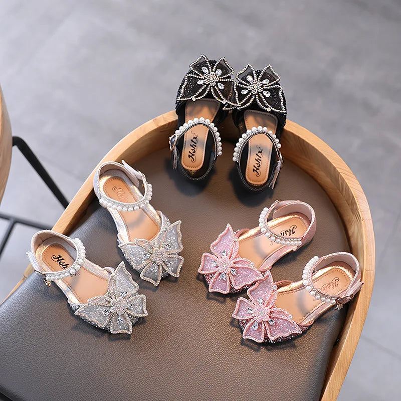 Summer Girls Sandals Fashion Sequins Rhinestone Bow Girls Princess Shoes Baby Girl Shoes Flat Heel Sandals Size 21-35 [SHO]