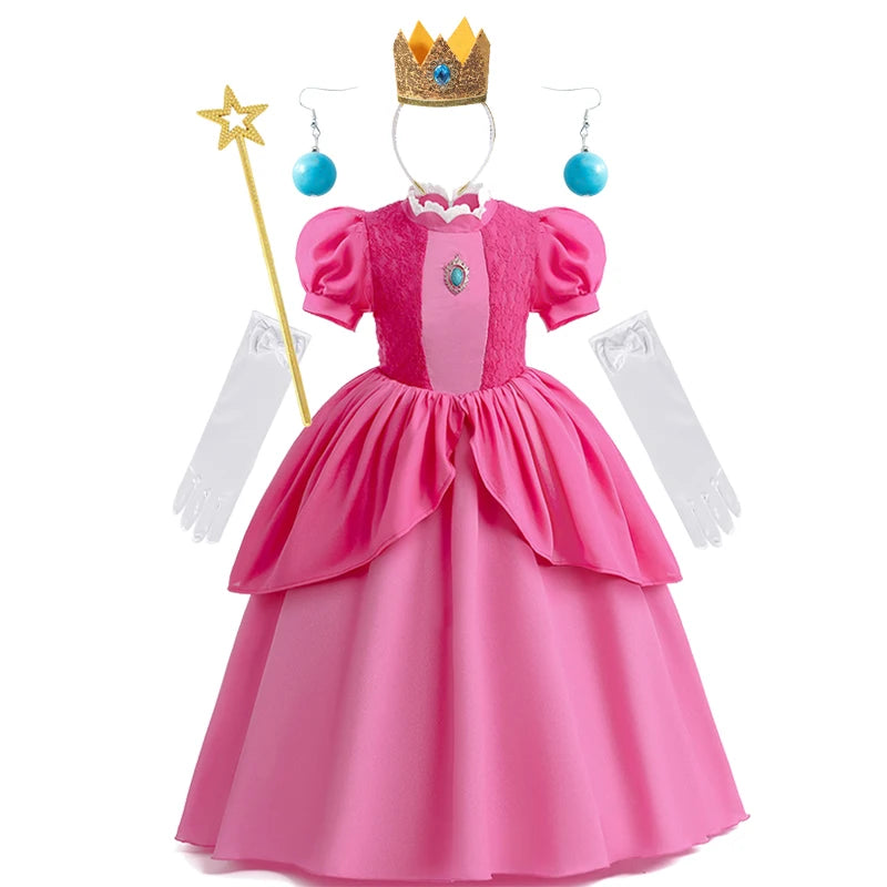 New Baby Girls Queen Peach Princess Dress Kids Cosplay Costume Children Birthday Carnival Party Outfit Stage Performance Clothes [COS]