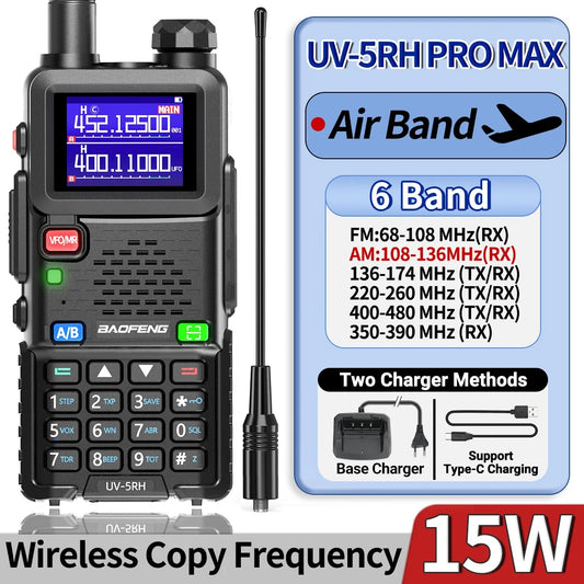 UV-5RH Pro Max 15W Air Band Walkie Talkie Wirless Copy Frequency Tri Power Type-C NOAA Long Range Baofeng 5RM Ham Two Way Radio [TEL]