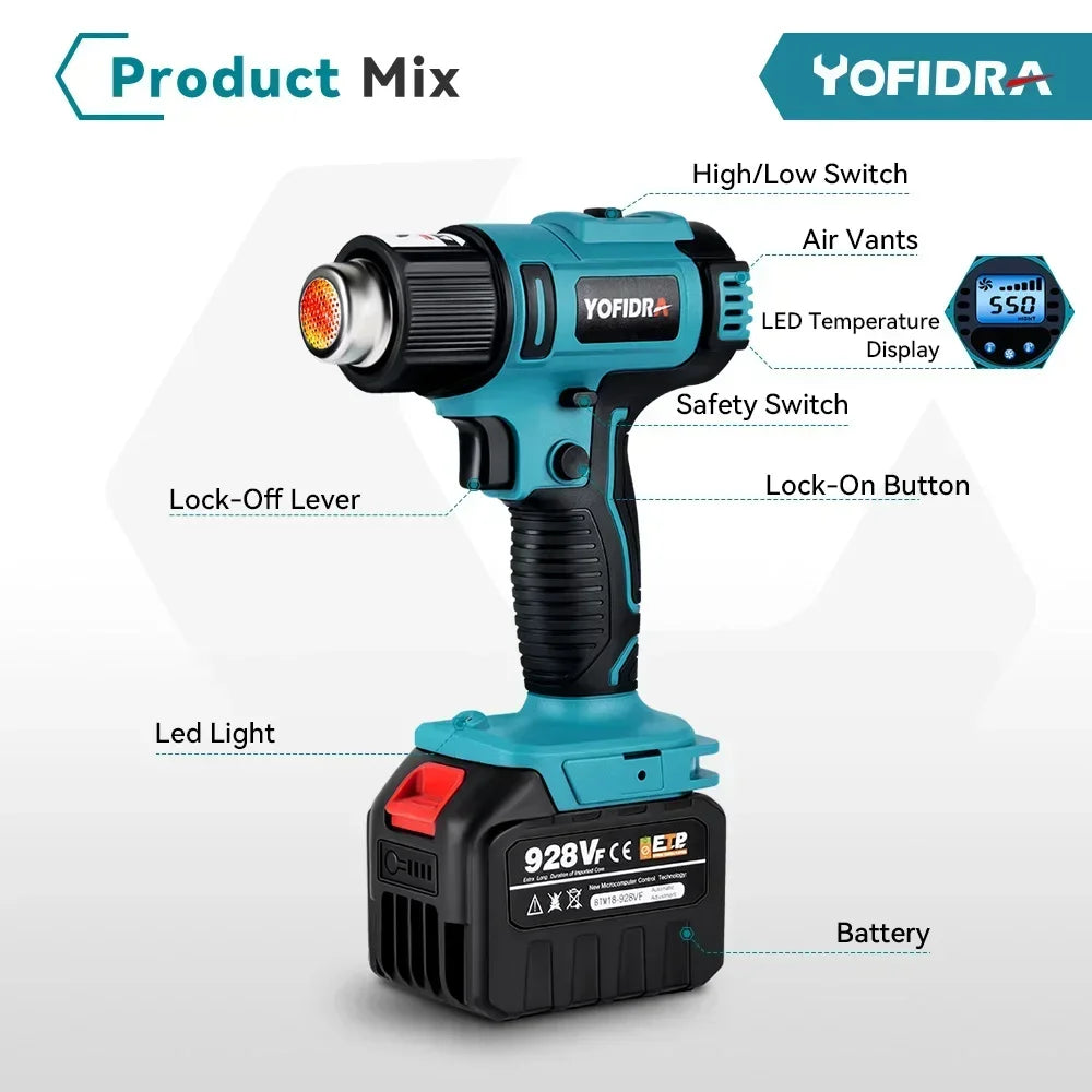 Yofidra 18V 50-550℃ 2500W Heat Gun.High/Low 2 Gears.Wind Speed 6 Gear Optional.With LED Temperature Display Cordless Hot Air Gun [TOL]