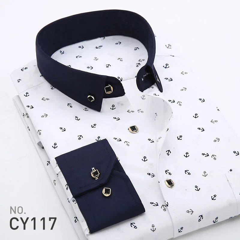 Quality Plaid Casual Men's Shirt Slim Fit Formal & Business Party Man Spring Long Sleeve New Men Floral for Mens Dress Shirt [MEN]