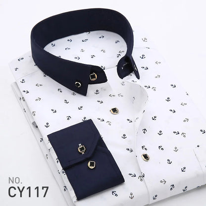 Quality Plaid Casual Men's Shirt Slim Fit Formal & Business Party Man Spring Long Sleeve New Men Floral for Mens Dress Shirt [MEN]