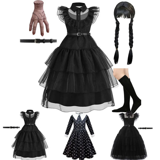 Girls Wednesday Dress Children Addams Halloween Black Family Clothes Kids Dancing Cosplay Costume Princess Christmas Fantasy [COS]