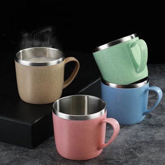 Double Layer Anti-scalding Stainless Steel Cups Plastic Handle Coffee Milk Mug Tea Drinks Water Cup for Home Office Tumbler [MUG]