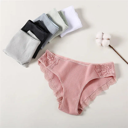 FINETOO 3Pcs/set Women Cotton Panties M-2XL Low-Rise Underwear Trendy Patchwork Lace Briefs Female Soft Underpants Lingerie  [UND]