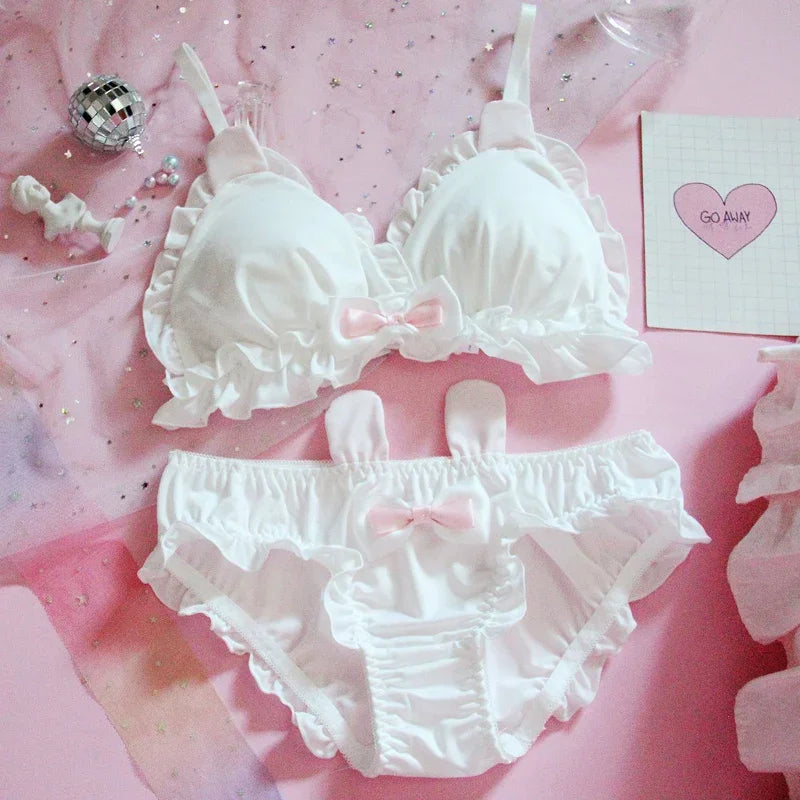 Japanese Lolita Kawaii Bow Ruffle White Underwear Set Sexy Female Cute Rabbit Ears Lingerie Women's Bra & Panties Set Bras [LOL]