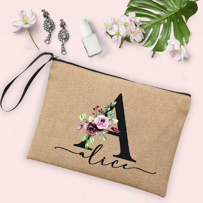 Flower Initial Letter Custom Name Cosmetic Bag Women Neceser Makeup Bag Linen Zipper Pouch Travel Toiletry Organizer Mujer Bolsa [CSM]