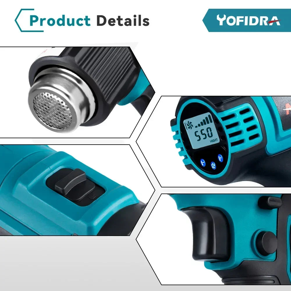 Yofidra 18V 50-550℃ 2500W Heat Gun.High/Low 2 Gears.Wind Speed 6 Gear Optional.With LED Temperature Display Cordless Hot Air Gun [TOL]