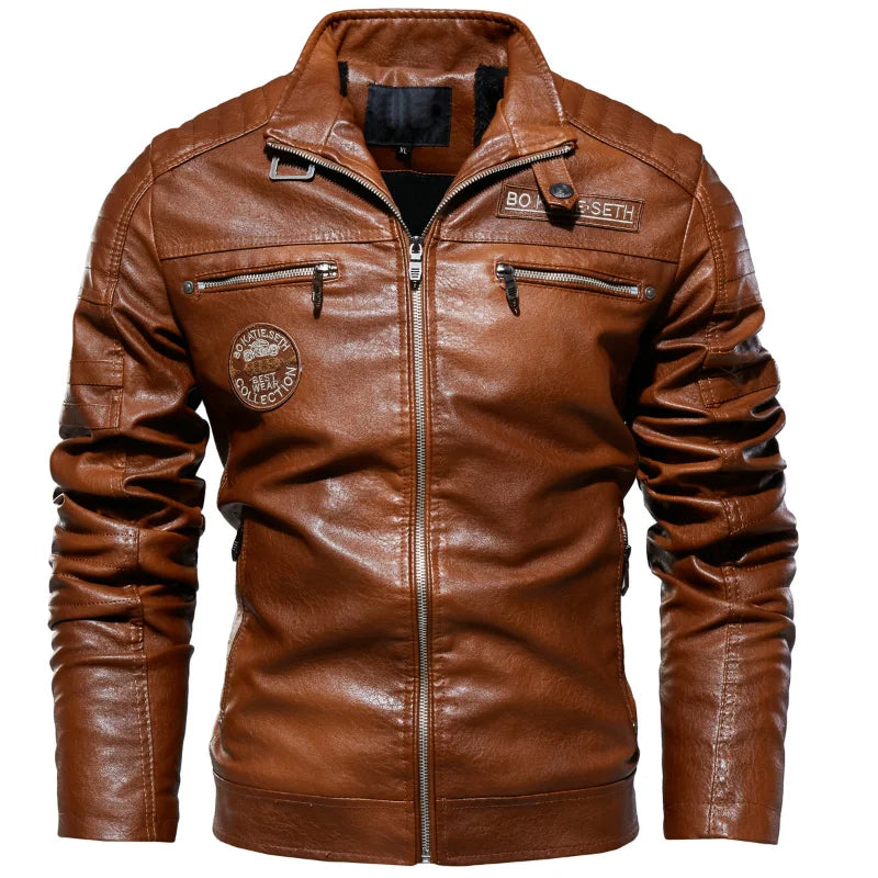 Men's Leather Jacket Men's Winter Fleece Men's Stand Collar Biker Casual Windproof Slim Fit Jacket Fleece Leather Jacket [MEN]