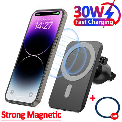 30W Magnetic Wireless Car Charger MacSafe for iPhone 15 14 13 12 Pro Max Xiaomi Samsung Magnet Air Vent Mount Phone Holder Stand [PHH]