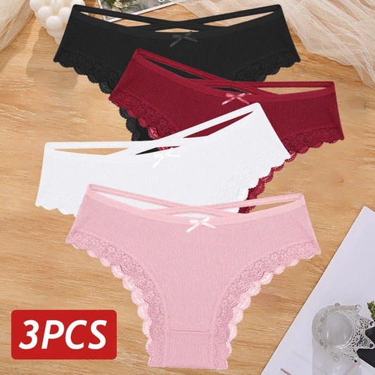 3PCS/Set Women Cotton Panties Sexy Low Rise Lace Brazilian Panties Hollow Out Soft Breathable Lingerie Female Bow Underwear S-XL [UND]