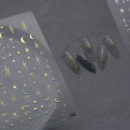 3D Gold Sun/Moon/Star Bronzing Nail Art Sticker 8*10cm Laser Star Moon Design Nail Decal Gold Silver Self-Adhesive Slider  [BEU]