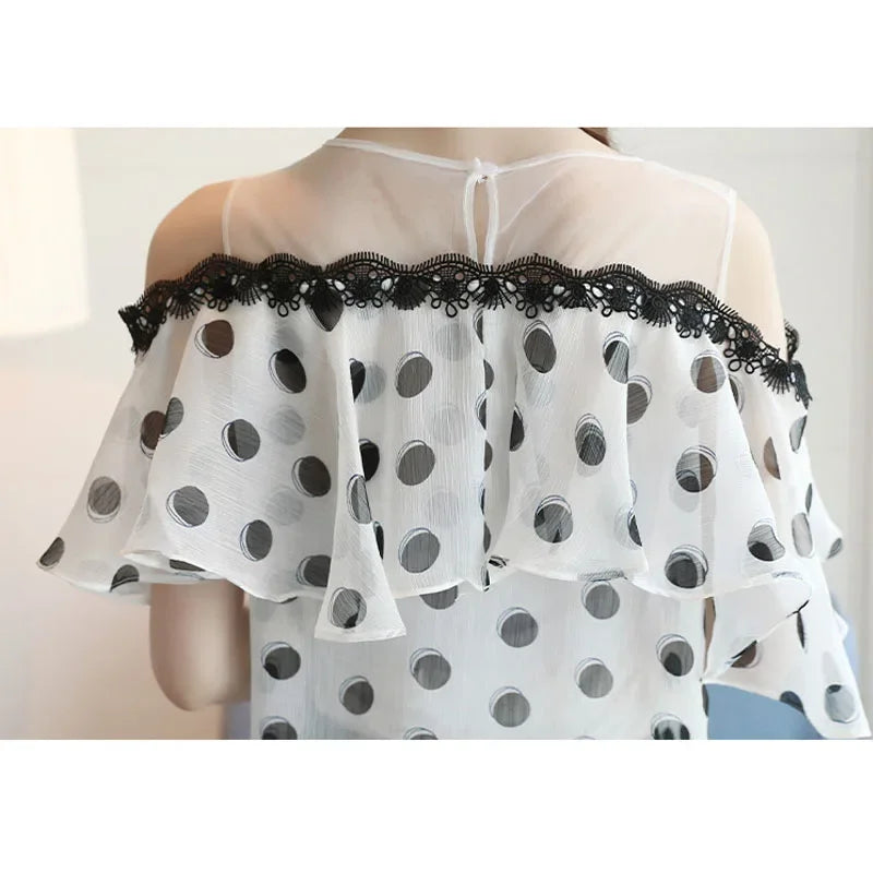 Summer Fashion Shirts Women Elegant Short Sleeve Ladies Tops Sweet Polka Dot Chiffon White Blouse Casual Loose New Blusas 0611 [WOM]