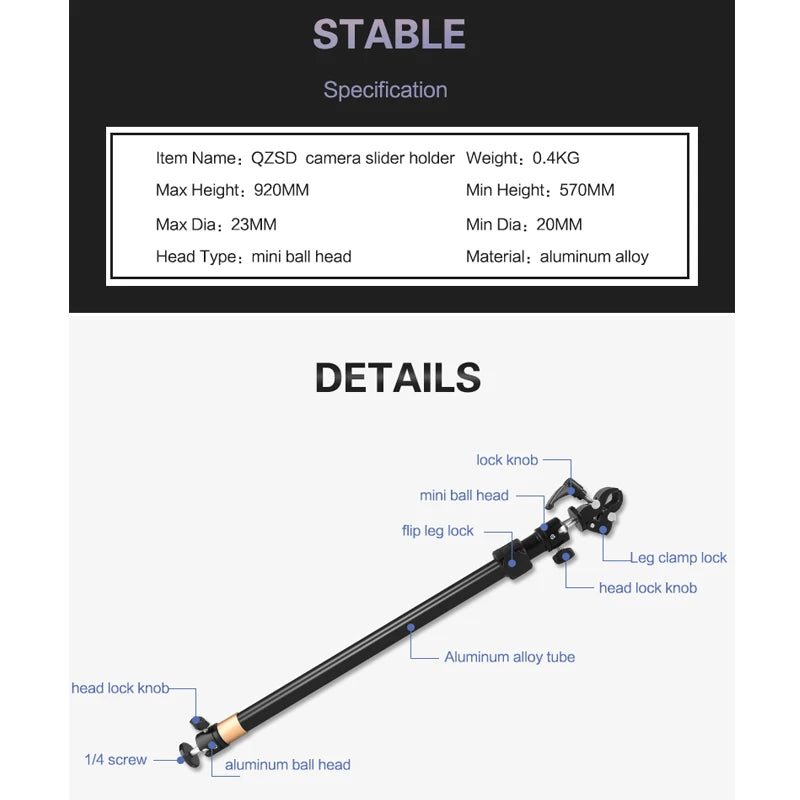 QZSD Camera Video Slider Rail Support Rod 92cm for Slider Dolly Track Photography DSLR Camera Stabilizer System Tripod Accessory [PHO]