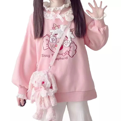 2024 Spring Women Lace Neck Cute Hoodies Harajuku Kawaii Sweatshirt Lolita Girl Pink Pullover Lamb And Candy Embroidery Sudadera [LOL]