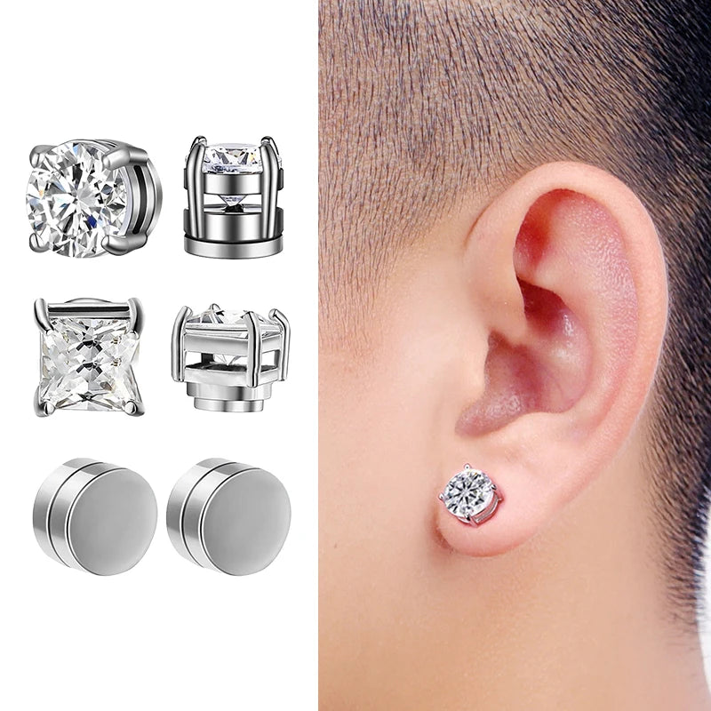 Crystal Strong Magnetic Ear Stud Clip Earrings for Men and Women Punk Round Zircon Magnet Earrings Non-Piercing Jewelry [MAG]