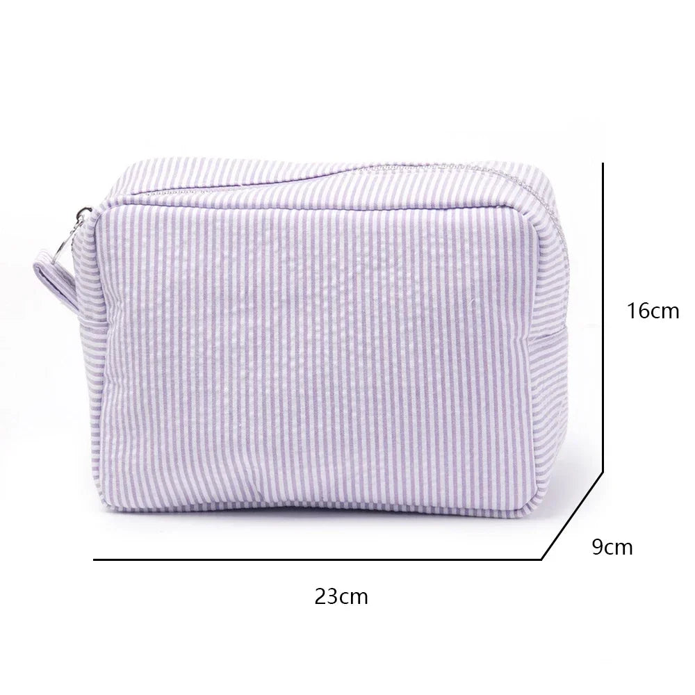 Seersucker Ruffle Cosmetic Bags Pink/Purple Striped Storage Make Up Bags for Women Lady with Zipper Travel Bag Makeup Bag [CSM]