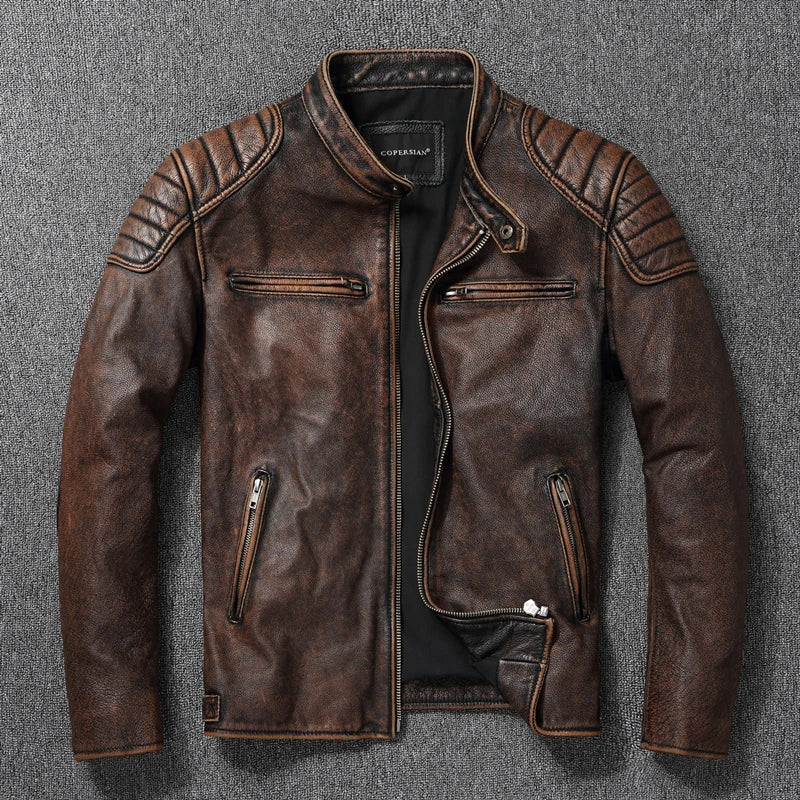 Leather Jacket Top Layer 100% Cowhide Leather Clothes Men's Stand Collar Motorcycle Clothes  Autumn Winter Plus Size [MEN]