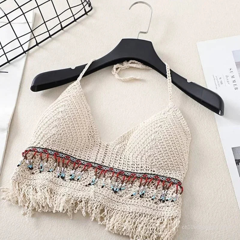 Sexy Hollow Out Underwear Women Summer Beach Short Tank Top Women Sweet Knitted Bra Tassel Women Short Top Debardeur Femme [UND]