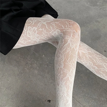 Lolita Lace Fishnet Stockings Pantyhose Retro Slim Super Stretch Leggings Stockings Sexy Pattern Underwear Women White Tights [UND]