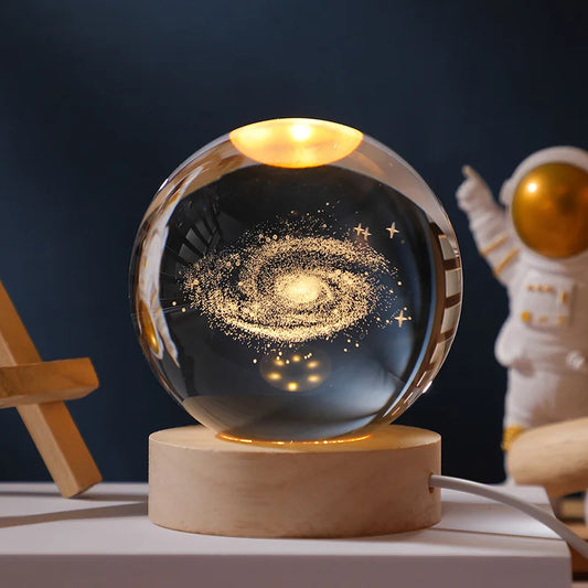 6cm 3D Crystal Ball Glass Planet LED Warm Night Light Laser Engraved Solar System Globe Universe Birthday Gift Wooden Base [SLG]